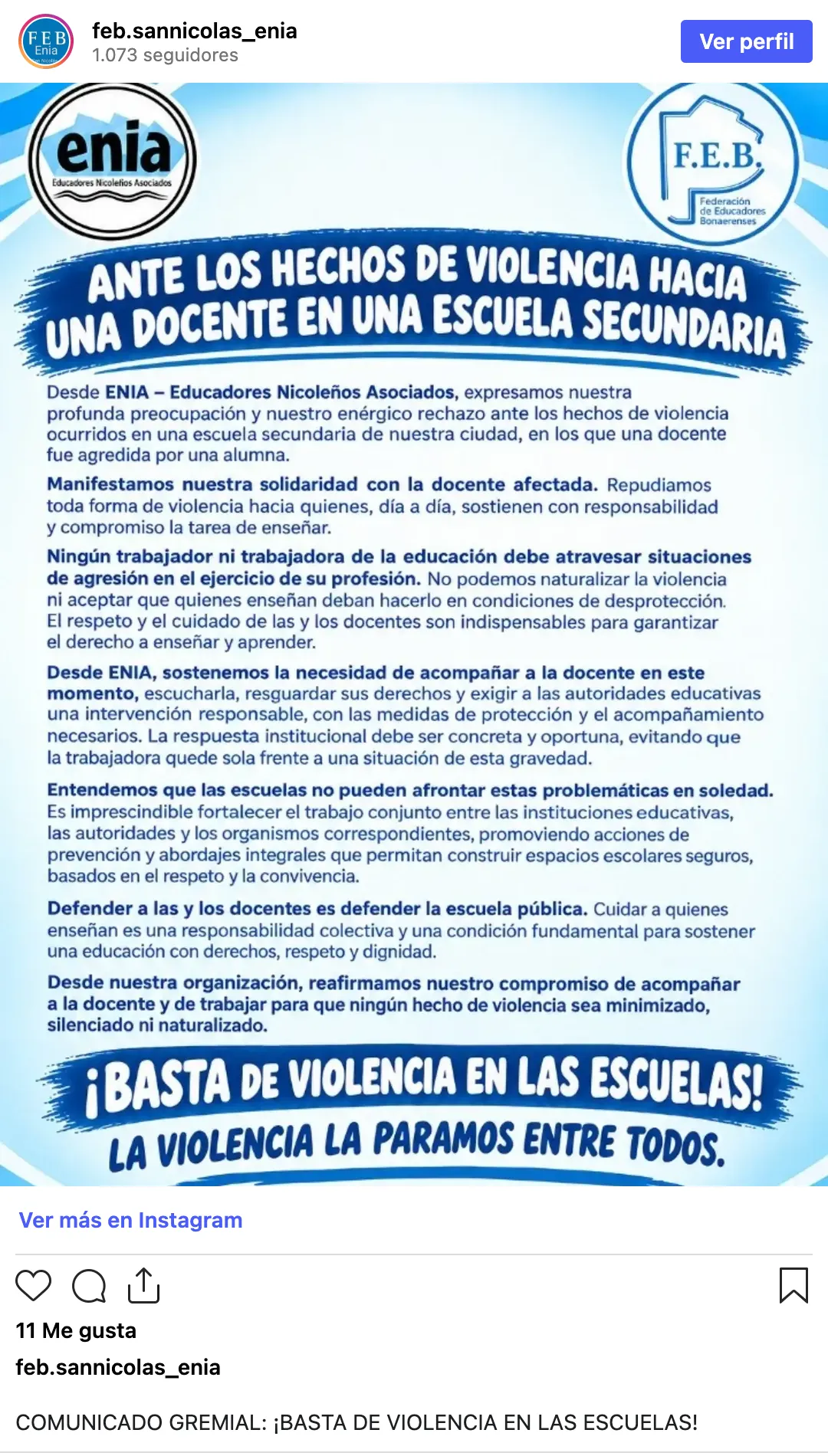 Captura de la publicación de FEB San Nicolás - ENIA en Instagram con el comunicado gremial «Ante los hechos de violencia hacia una docente en una escuela secundaria».