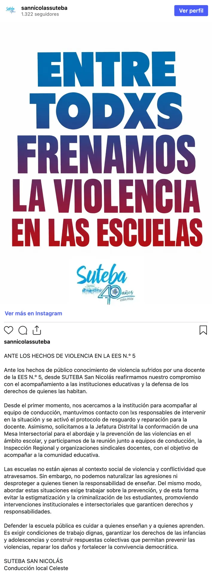 Captura de la publicación de SUTEBA San Nicolás en Instagram con la imagen «Entre todxs frenamos la violencia en las escuelas» y el comunicado «Ante los hechos de violencia en la EES N.º 5».