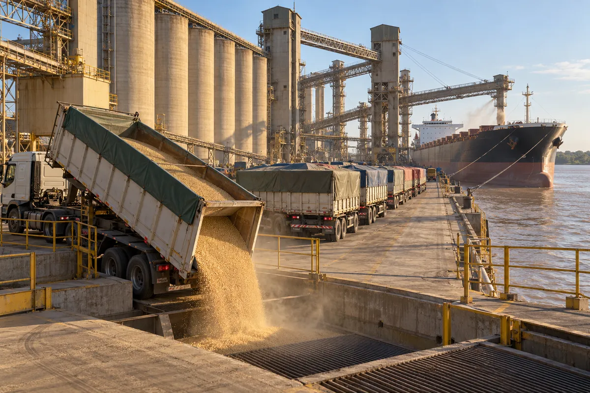 Un camión descarga soja en una terminal de granos sobre el río Paraná, con silos, camiones en fila y un buque granelero amarrado.