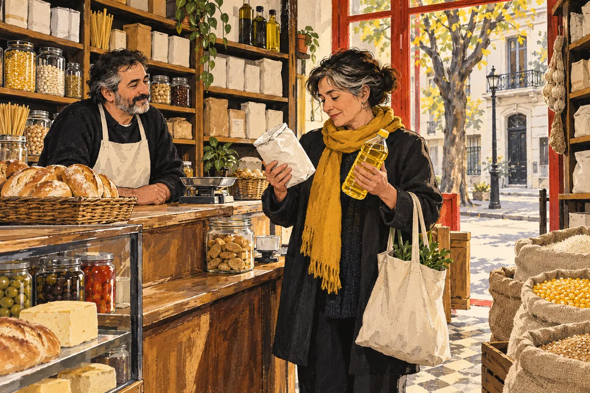 Ilustración: en un almacén de barrio, una mujer compara un paquete de harina y una botella de aceite frente al mostrador, con bolsas de granos junto a la puerta.