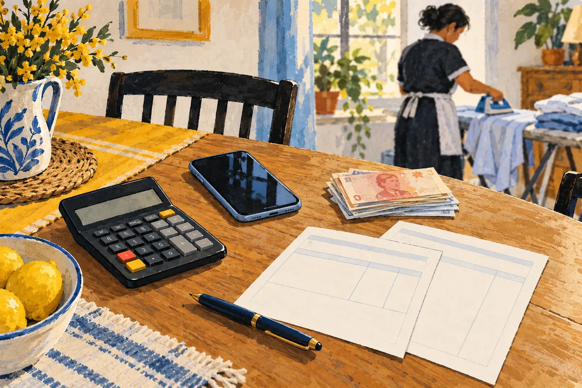 Ilustración: sobre una mesa de comedor hay una calculadora, un celular, billetes y dos recibos en blanco; al fondo, junto a la ventana, una trabajadora plancha camisas.
