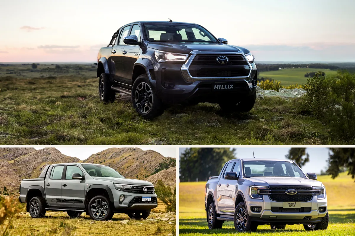 Montaje de tres fotos: arriba, una Toyota Hilux gris oscura de tres cuartos de frente en un campo al atardecer; abajo, una Volkswagen Amarok V6 gris clara en un prado de montaña y una Ford Ranger blanca en un parque.