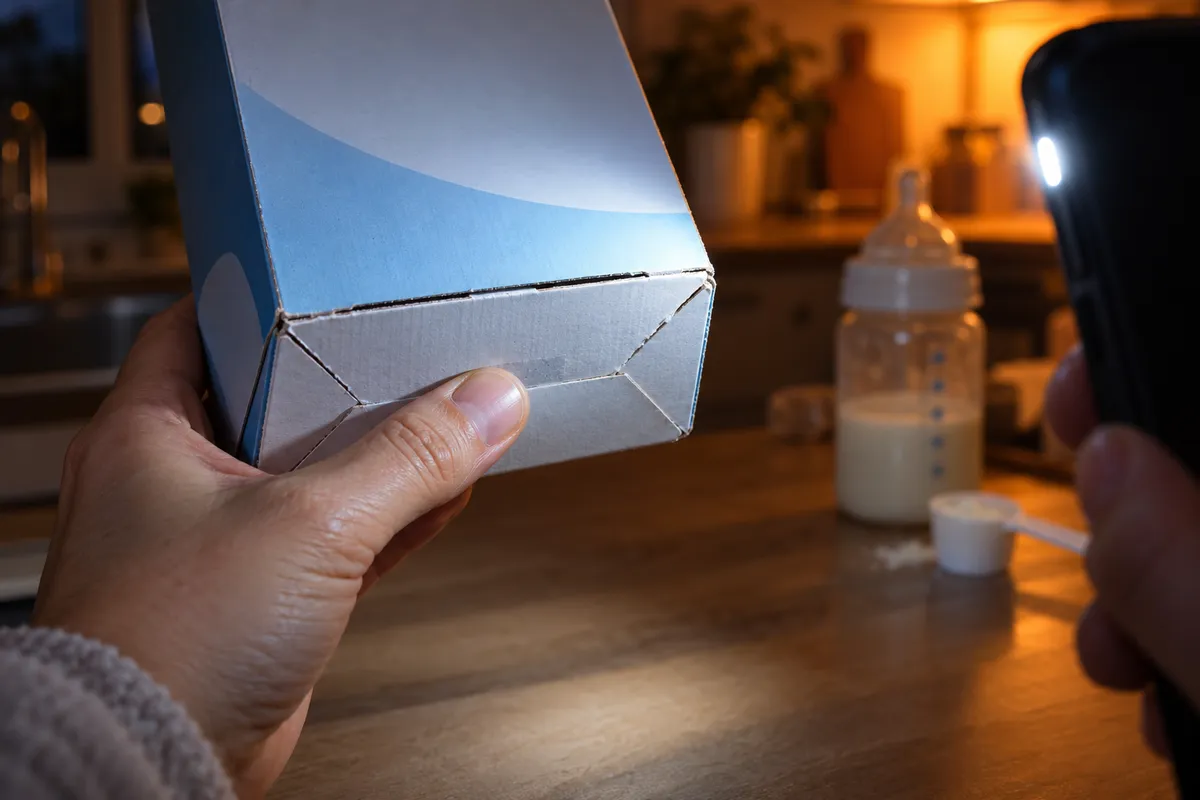 De noche, en una cocina, una mano sostiene una caja de leche en polvo para bebés iluminada por la linterna de un celular; detrás, una mamadera y una cuchara dosificadora sobre la mesada.