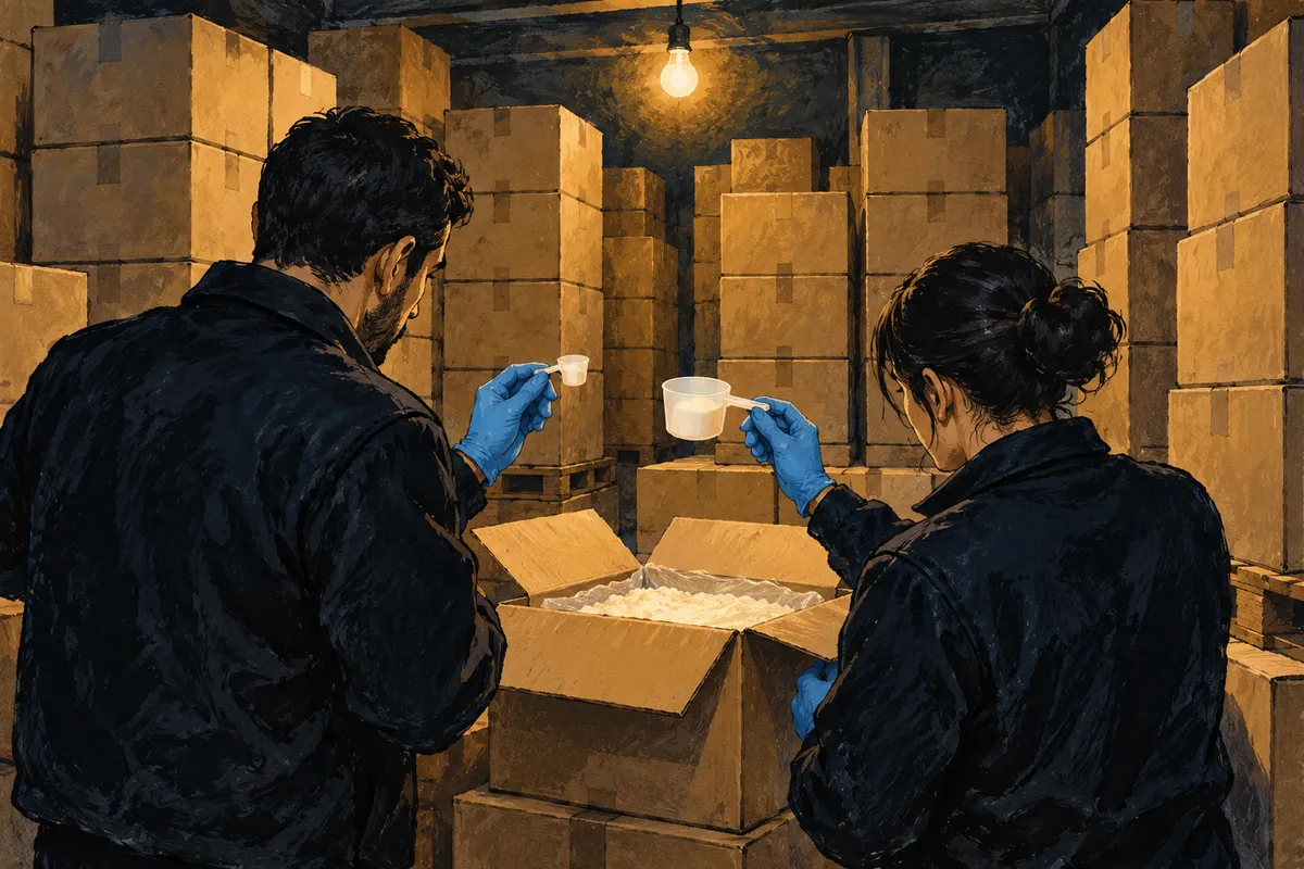 Ilustración: en un depósito lleno de cajas de leche en polvo, dos investigadores con guantes azules comparan una cuchara dosificadora chica con otra más grande.