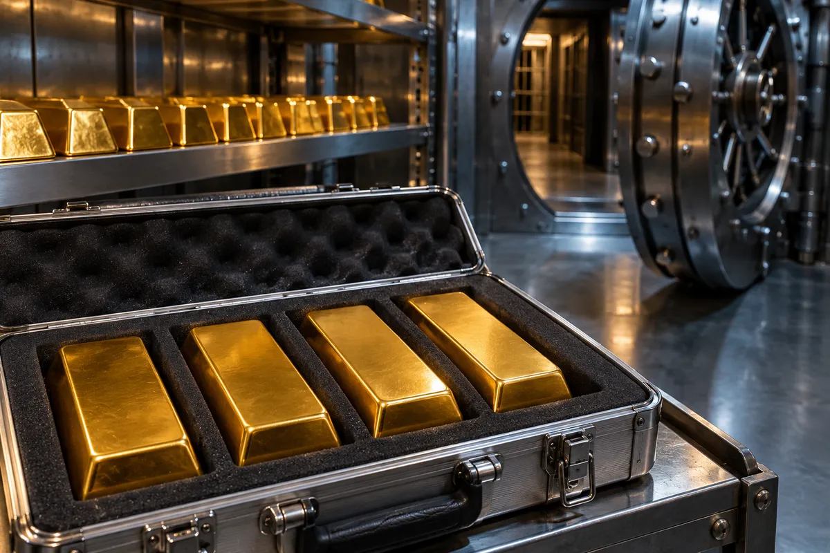 Primer plano de una valija de aluminio abierta, con espuma negra, que guarda cuatro lingotes de oro en sus huecos; detrás, una fila de lingotes sobre un estante de acero y la puerta redonda de una bóveda entreabierta.