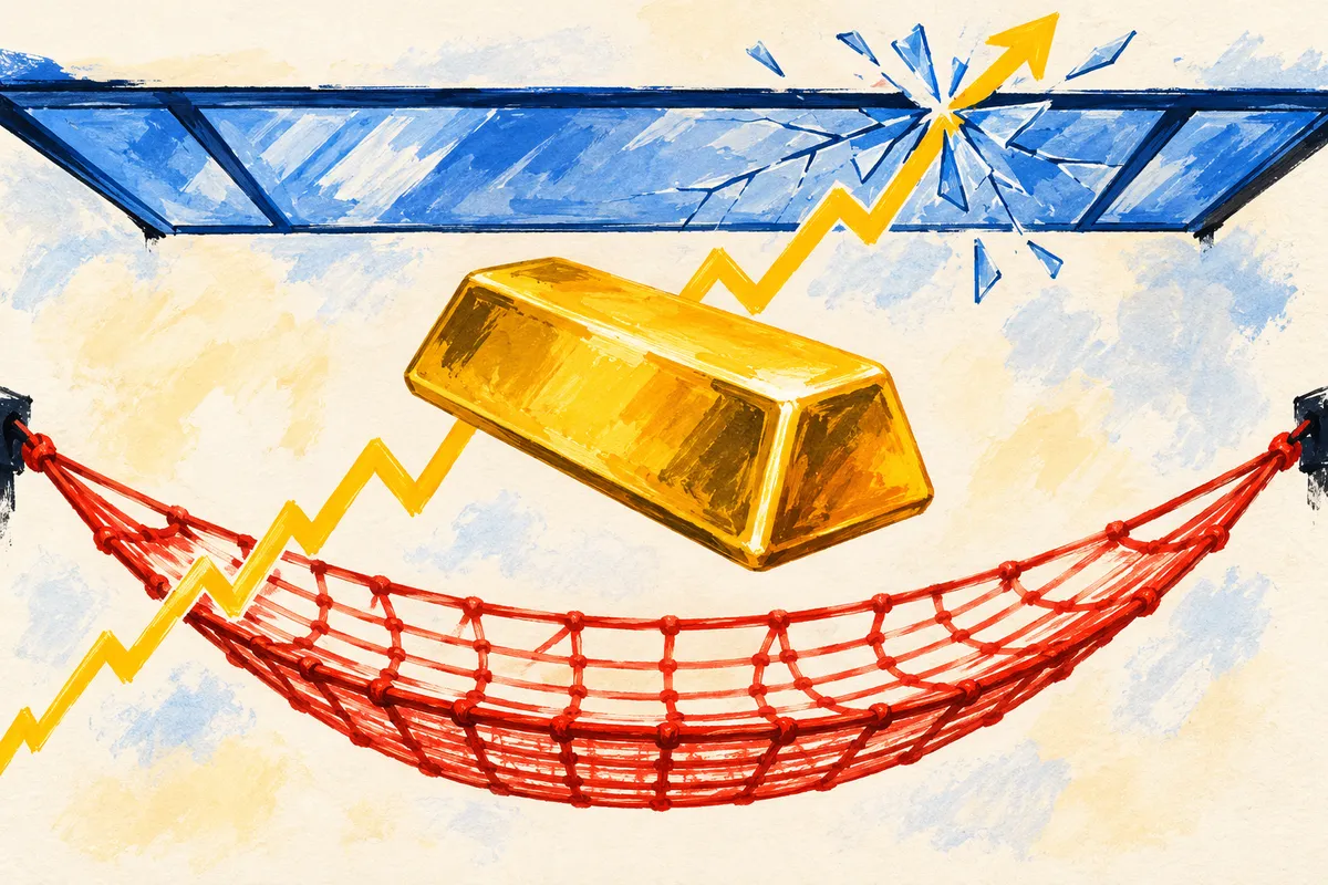 Ilustración: un gran lingote de oro flota entre una red roja tendida abajo y un techo de vidrio azul arriba; una línea amarilla en zigzag, como un gráfico de precios, sube desde abajo a la izquierda y rompe el techo de vidrio, mientras el lingote queda por debajo.