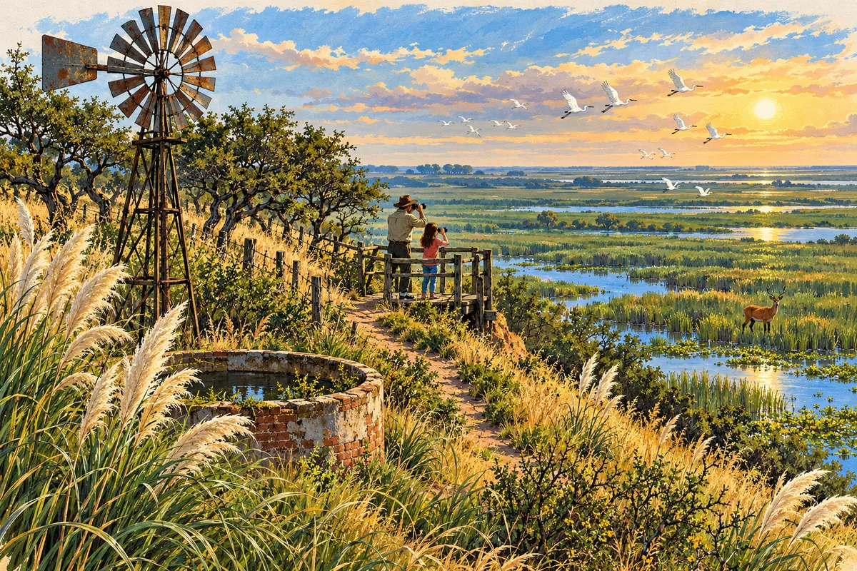Ilustración: un padre y su hija con binoculares en un mirador de madera al borde de una barranca, junto a un viejo molino de chapa y un bebedero redondo de ladrillo entre cortaderas, con una hilera de talas y, abajo, un humedal con una laguna, garzas en vuelo y un ciervo rojizo entre los juncos.