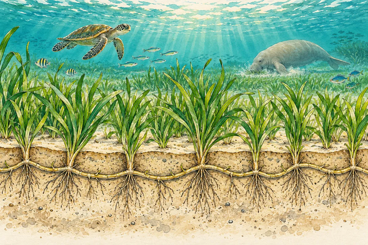 Ilustración: corte de un fondo marino poco profundo con brotes de pasto marino sobre la arena y, debajo, rizomas que unen todos los brotes entre sí, con una tortuga, peces y un dugongo.