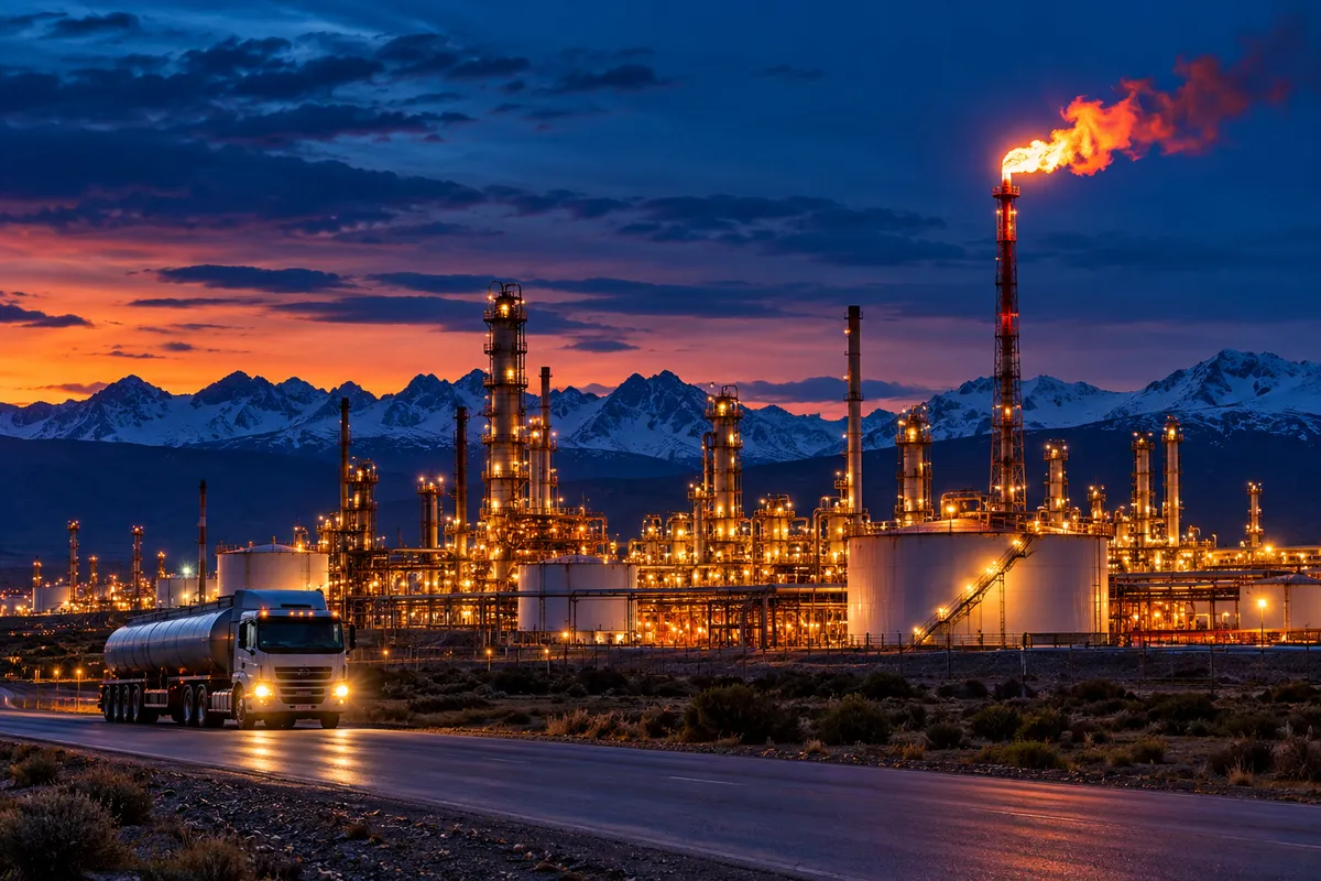 Una refinería iluminada al anochecer, con una antorcha encendida y un camión cisterna en la ruta.