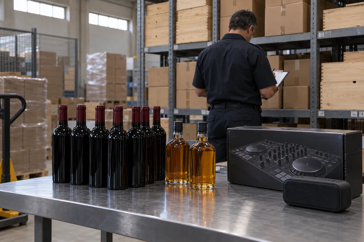 Botellas de vino tinto sin etiqueta, dos botellas de whisky, una consola de DJ en su caja y un parlante portátil sobre una mesa de acero en un depósito con estanterías de cajas; al fondo, un agente de uniforme revisa una planilla.