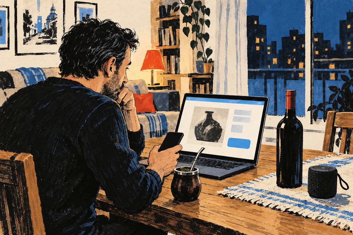 Ilustración: un hombre sentado a la mesa de su living, de noche, sigue un remate online en la computadora con el celular en la mano; sobre la mesa hay un mate, una botella de vino sin etiqueta y un parlante portátil.