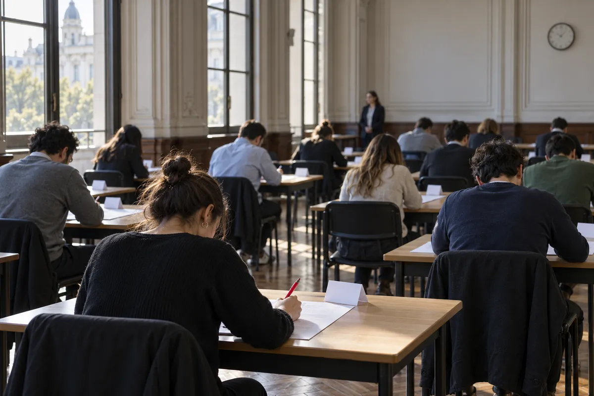 Aula con techos altos y ventanales donde una docena de aspirantes, de espaldas, rinden un examen escrito en pupitres de madera con tarjetas blancas sin texto.