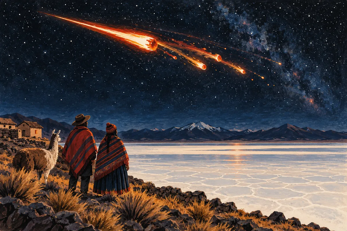 Ilustración: dos personas con ponchos y una llama al borde de un salar del Altiplano, de noche, miran una bola de fuego que cruza el cielo estrellado y se parte en varios fragmentos con estelas anaranjadas.