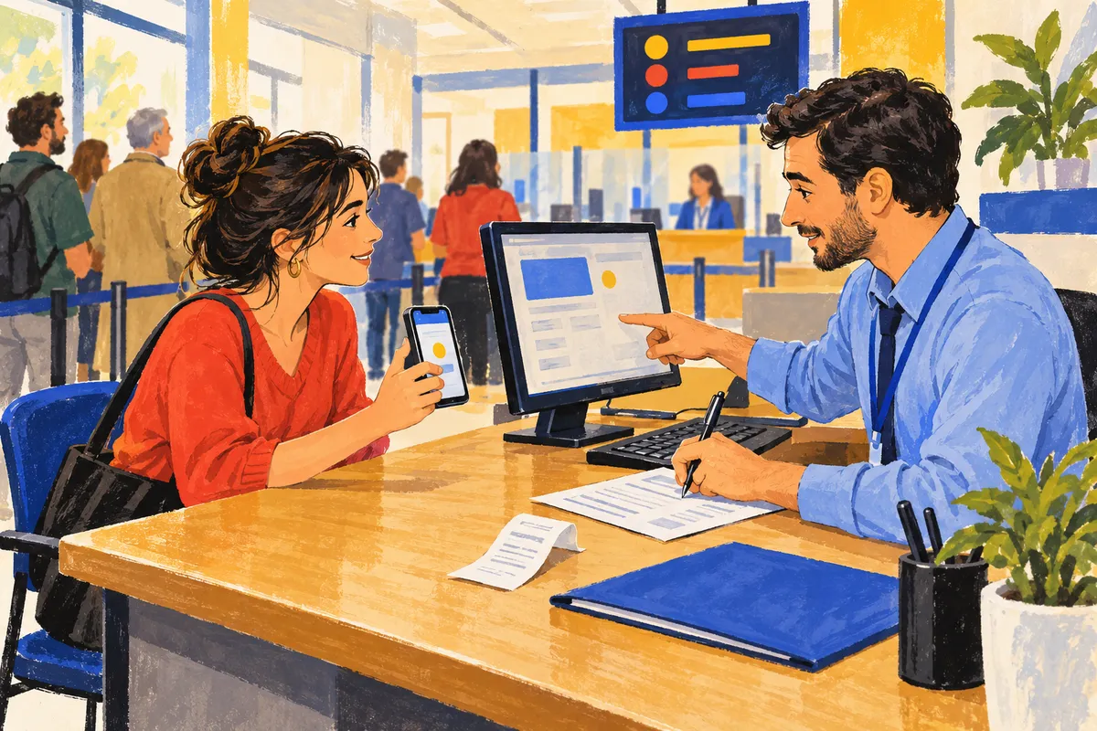 Ilustración: en una sucursal bancaria, una mujer de suéter rojo muestra su celular a un empleado de camisa celeste que señala la pantalla de la computadora y completa un formulario; atrás, clientes hacen fila.