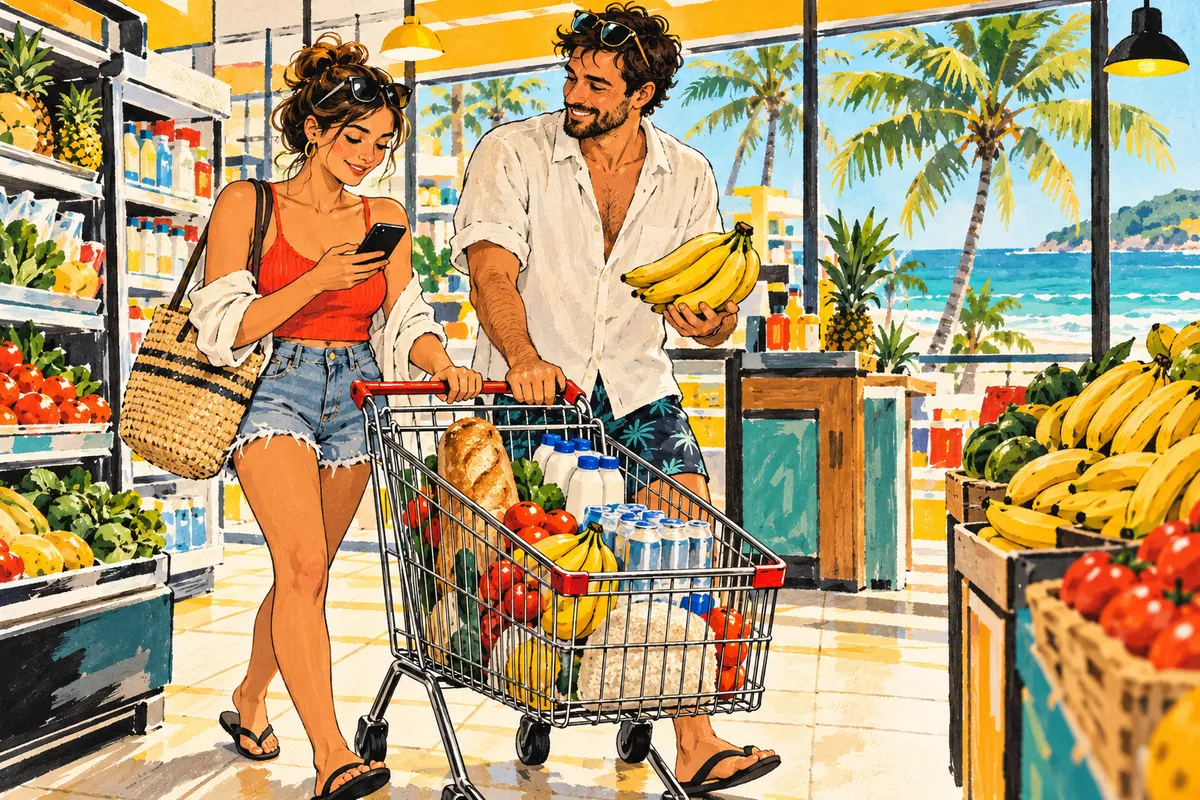 Ilustración: una pareja en ropa de verano y ojotas empuja un changuito con pan, leche, cerveza, bananas y tomates en un supermercado luminoso de una ciudad de playa, con palmeras y el mar detrás de la vidriera.
