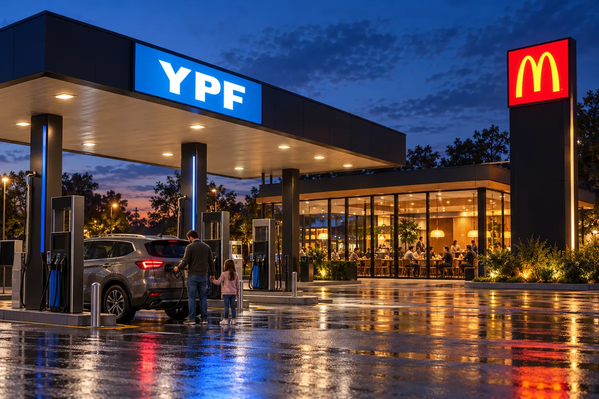 De noche, en una estación de servicio YPF con el logo azul en el techo de la playa, un padre carga nafta con su hija mientras al costado brilla el cartel de McDonald's frente al restaurante.