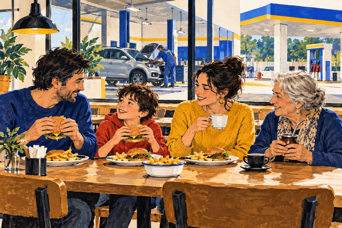 Ilustración: una familia con una abuela y un nene come hamburguesas y toma café en la tienda de una estación de servicio, mientras afuera un mecánico revisa un auto.